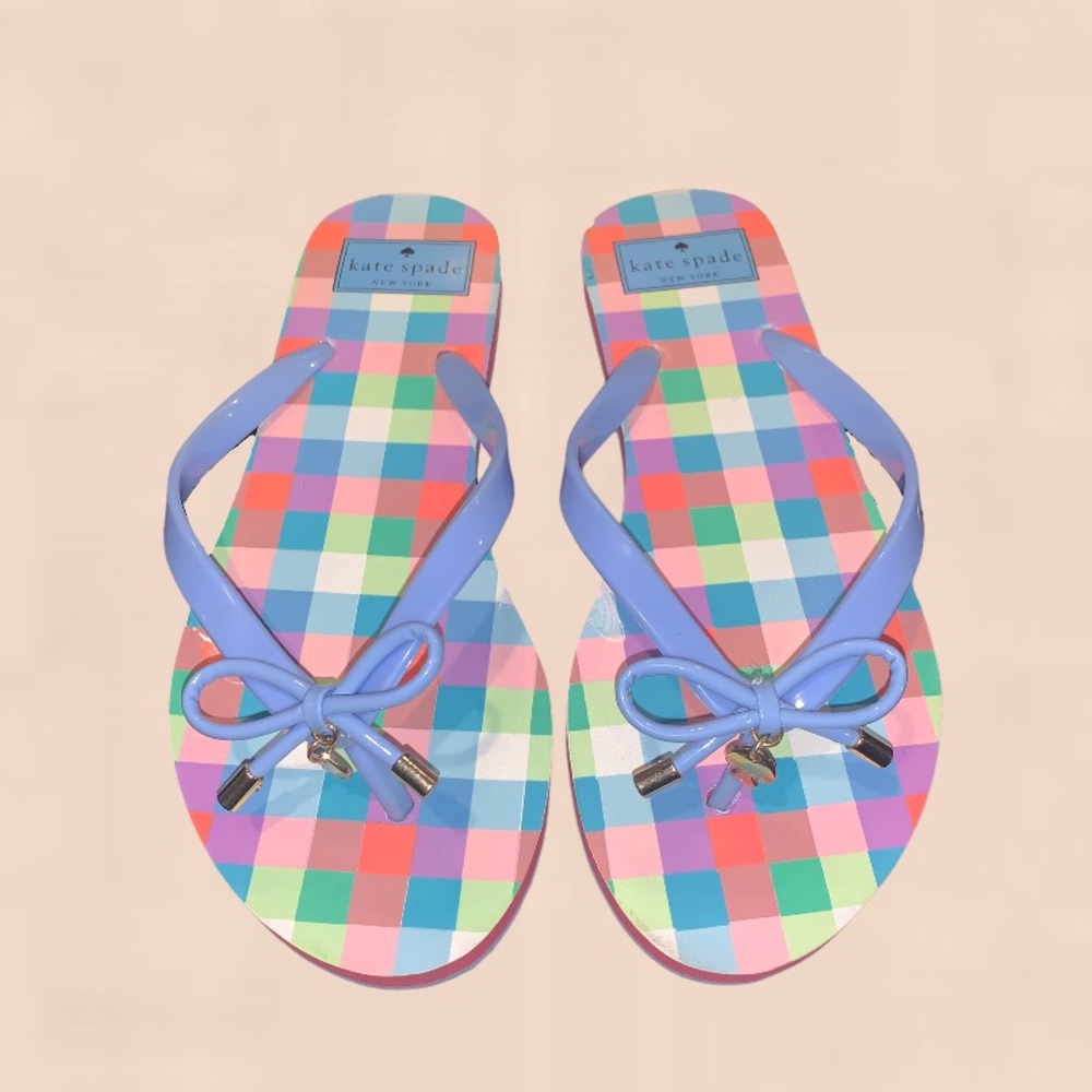 Kate Spade Nova Multi-Color Plaid Bow Flip Flops